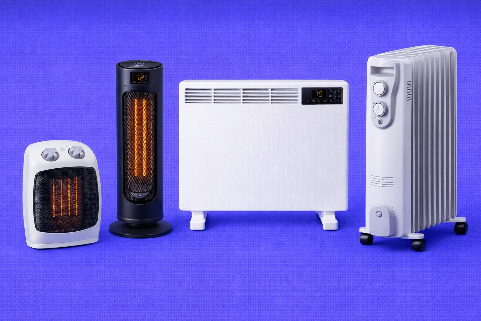 Four different types of electric heaters on a blue background