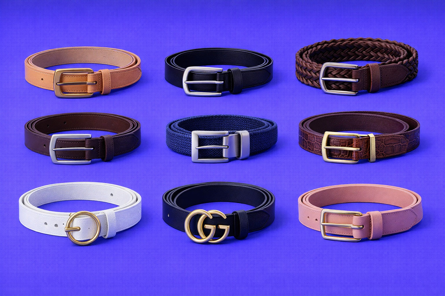 Collection of belts with various designs and colors on a purple background