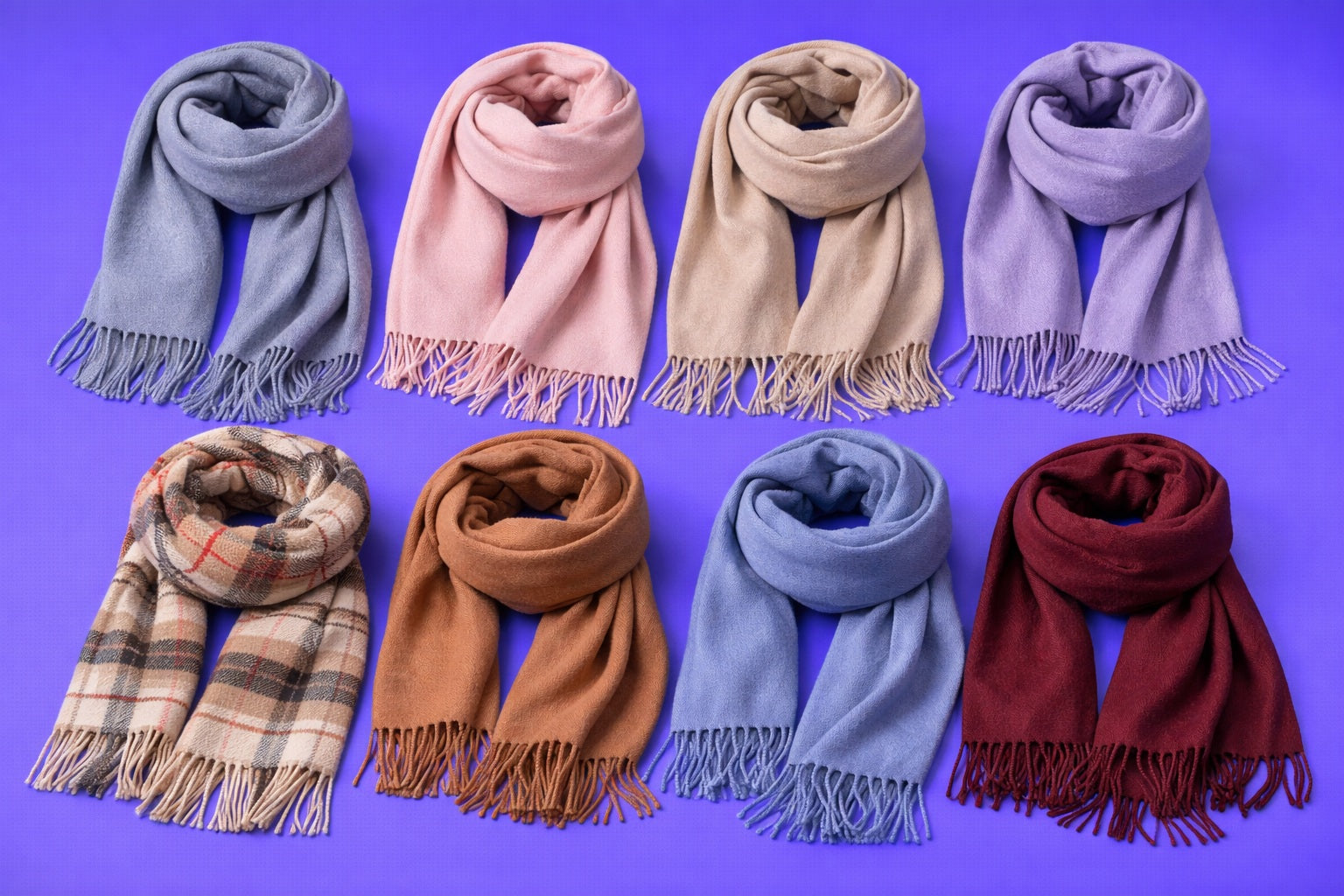 Collection of scarves in various colors on a purple background