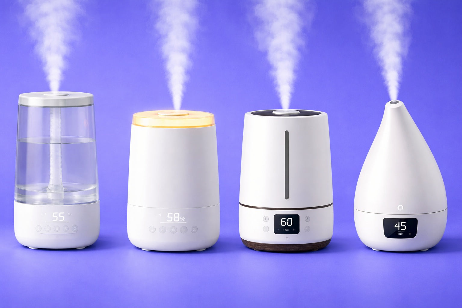 Four humidifiers emitting mist on a purple background