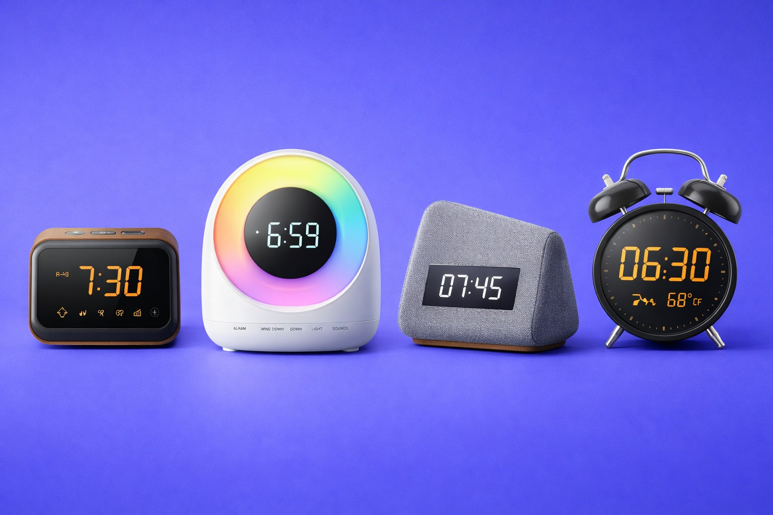 Four different digital clocks on a blue background