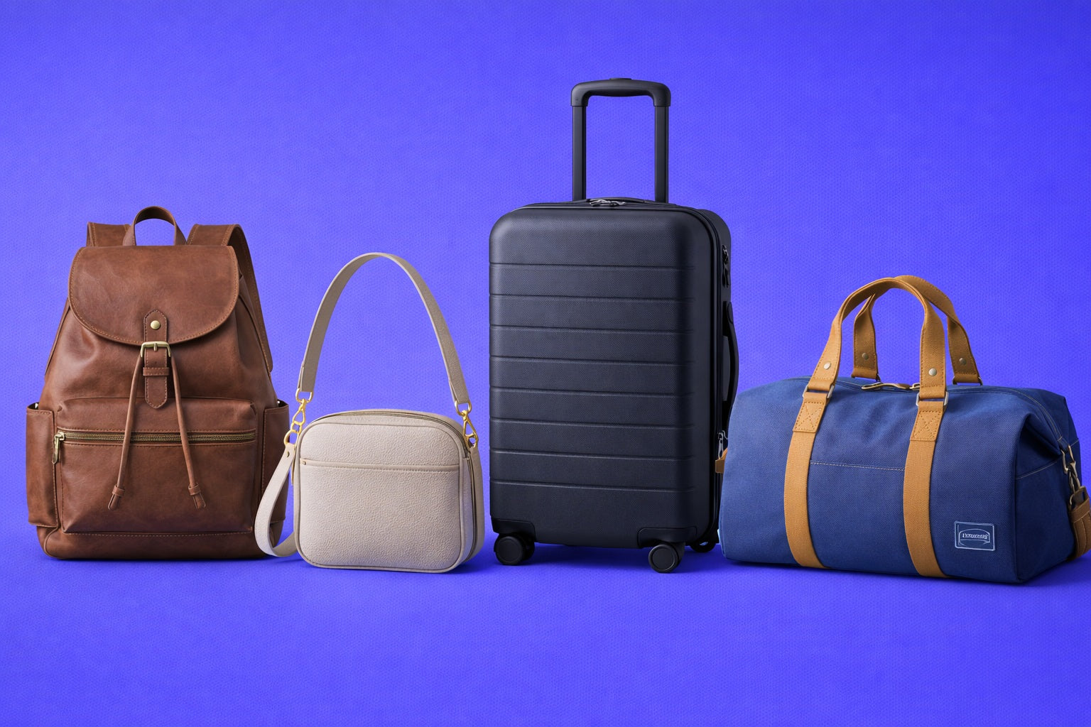 Four travel bags including a brown backpack, beige crossbody bag, black suitcase, and blue duffel bag on a blue background.