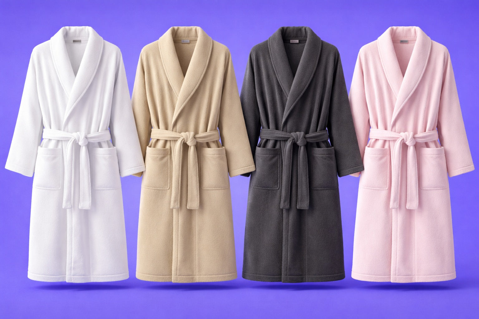 Four robes in white, beige, gray, and pink on a purple background