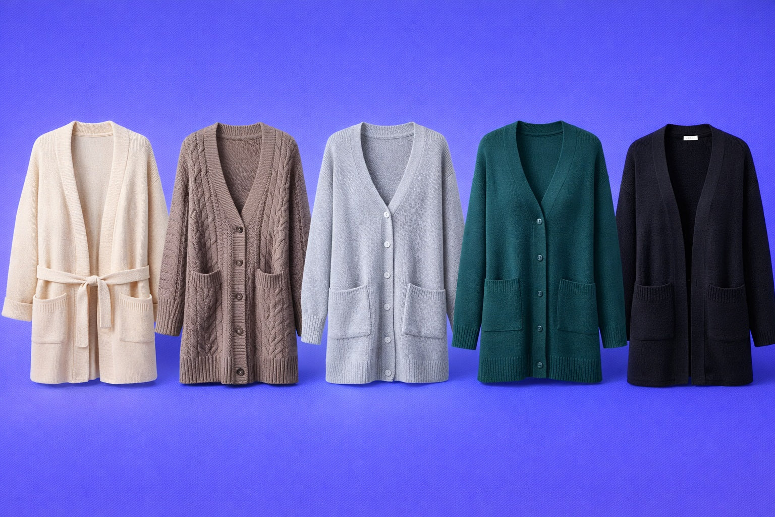 Five cardigans in beige, brown, gray, green, and black on a blue background