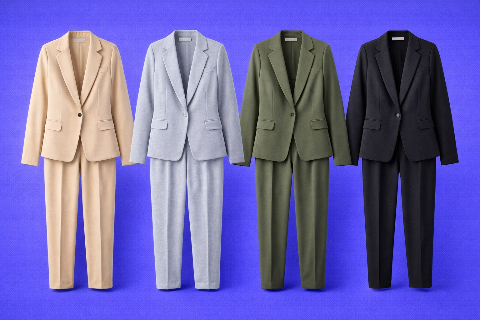 Four suits in beige, gray, green, and black on a blue background