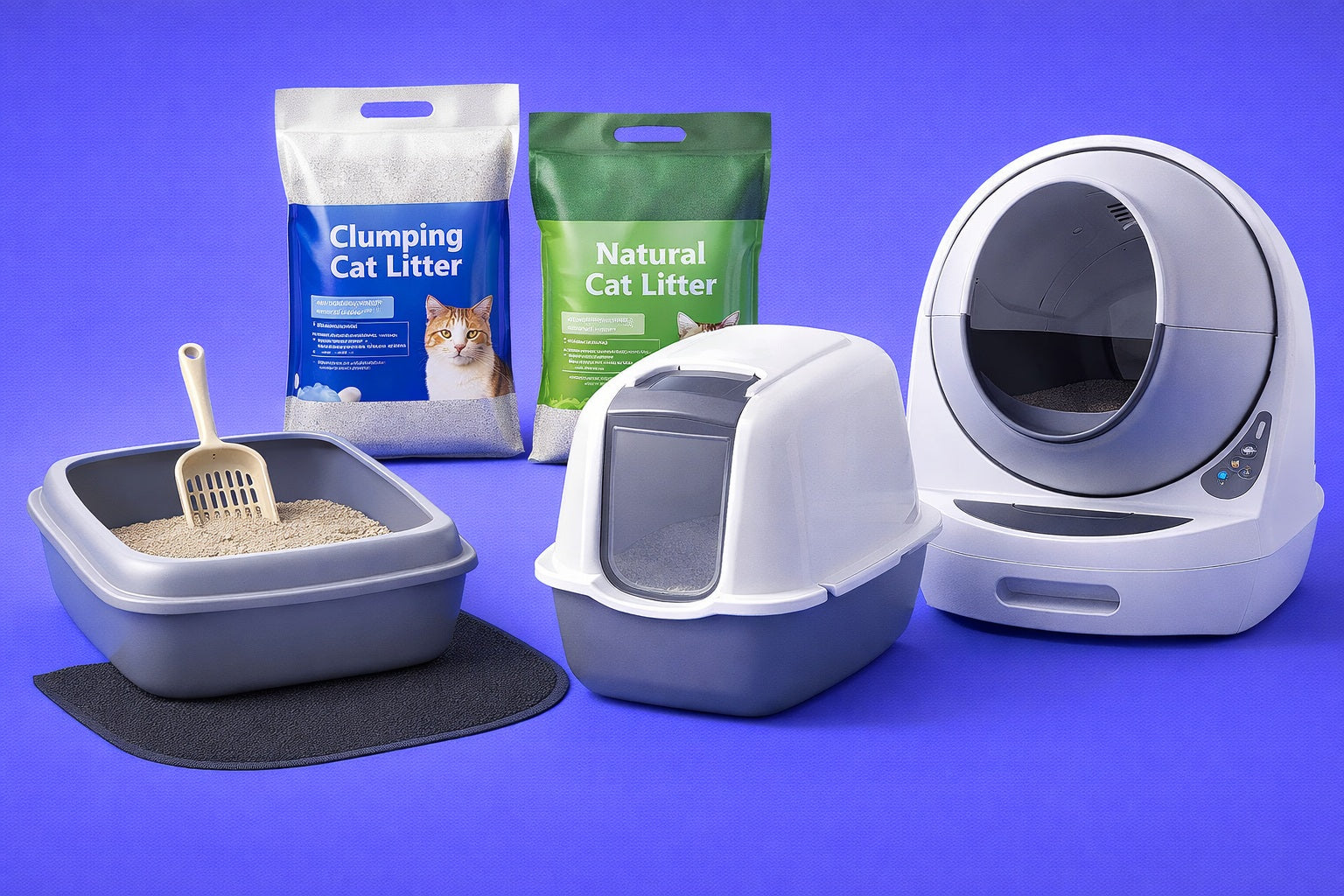 Cat litter products including a scoop, bags, and two litter boxes on a purple background