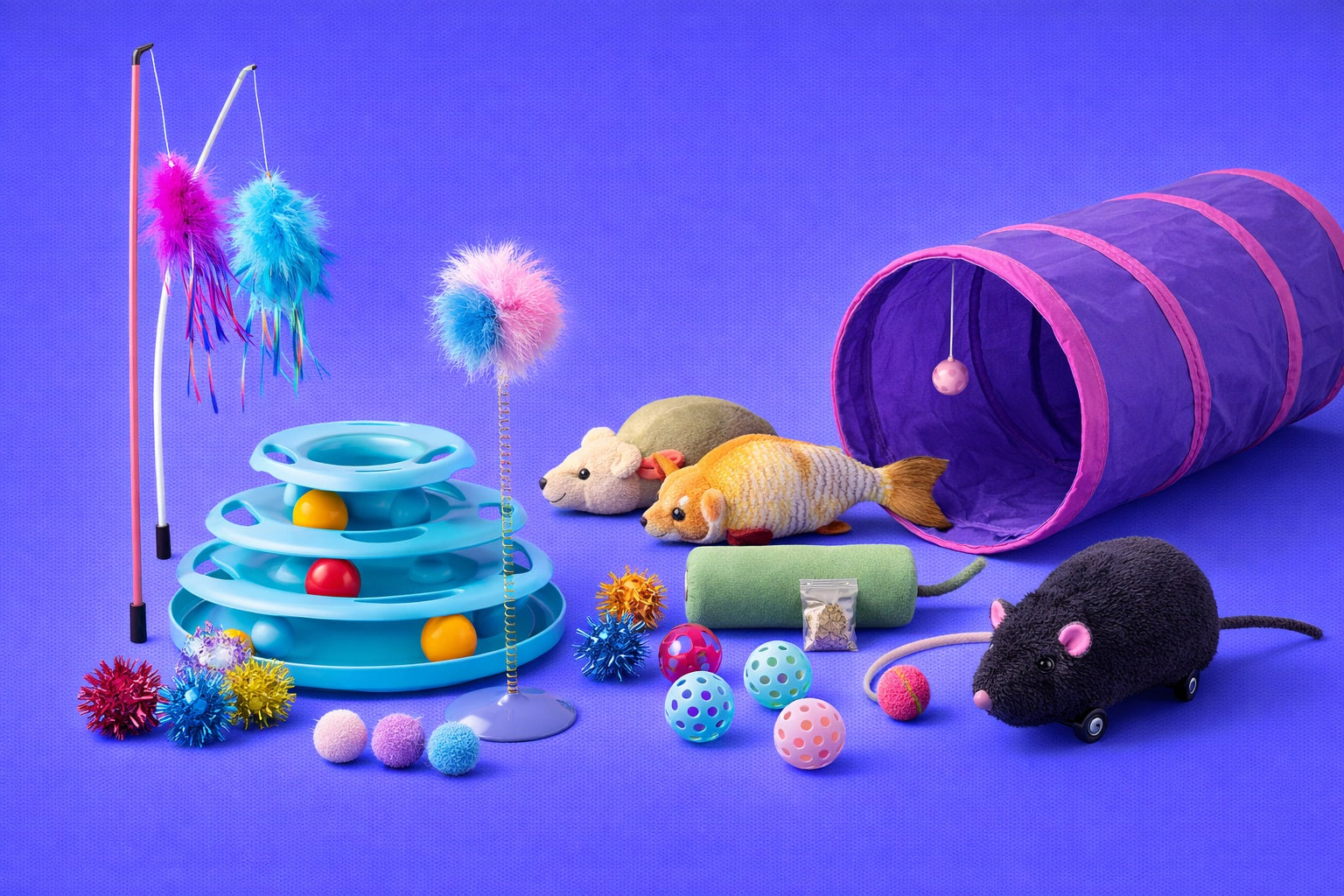 Assorted pet toys including a tunnel, wheels, and balls on a purple background