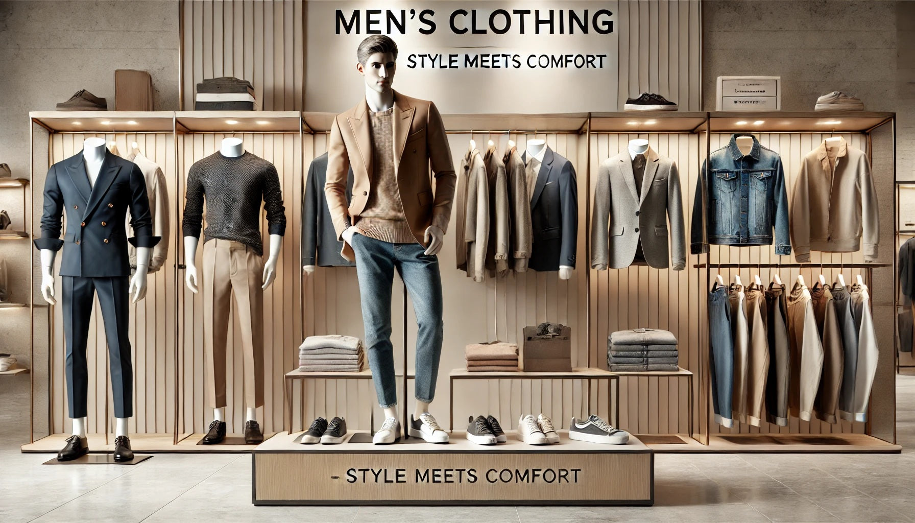 A sleek and stylish banner for a Men's Clothing eCommerce page. The image features a fashionable display of men's clothing, including tailored suits.