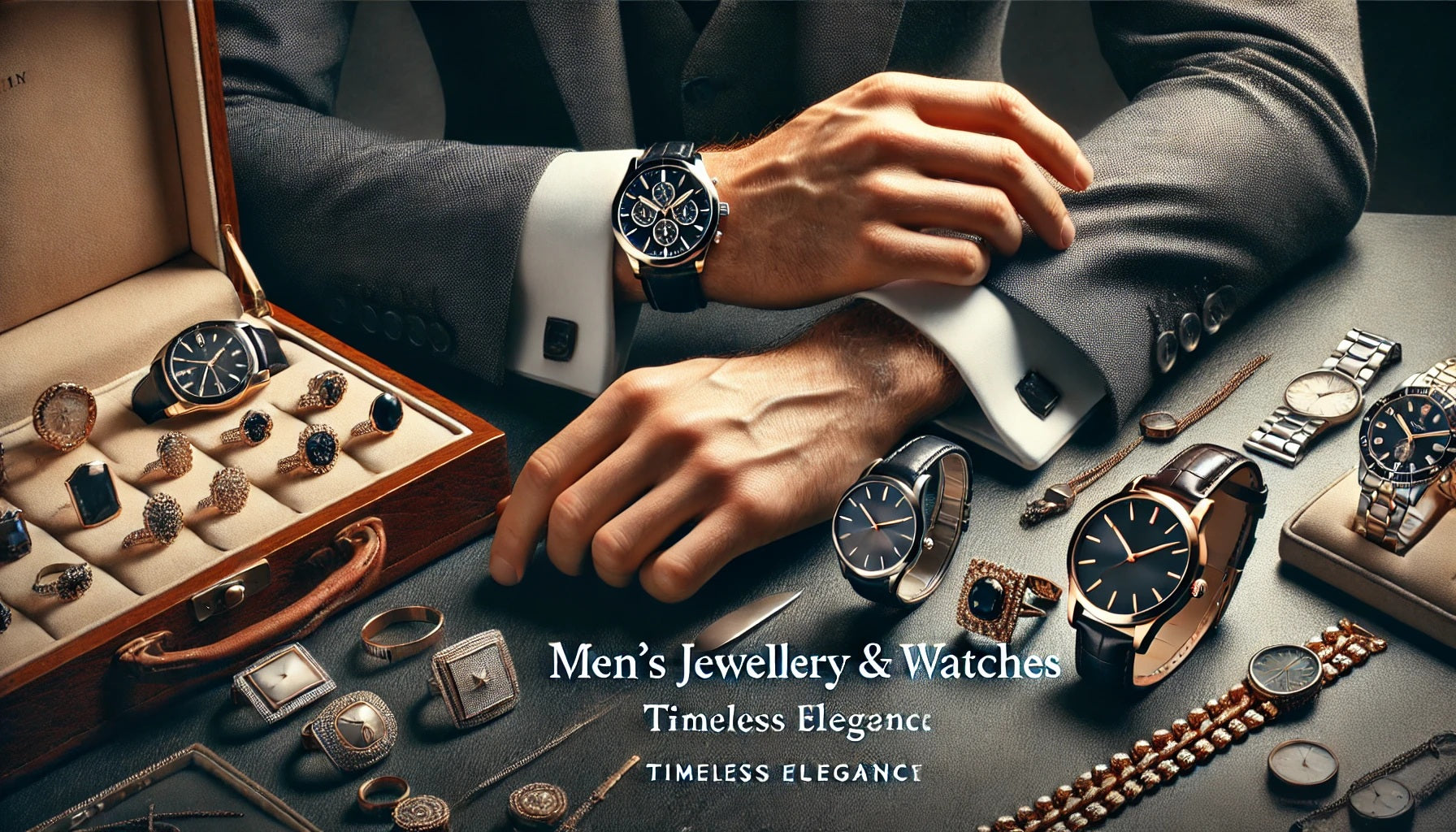 A sophisticated and stylish banner for a Men's Jewellery & Watches eCommerce page. The image features a luxurious display of high-end men's accessories