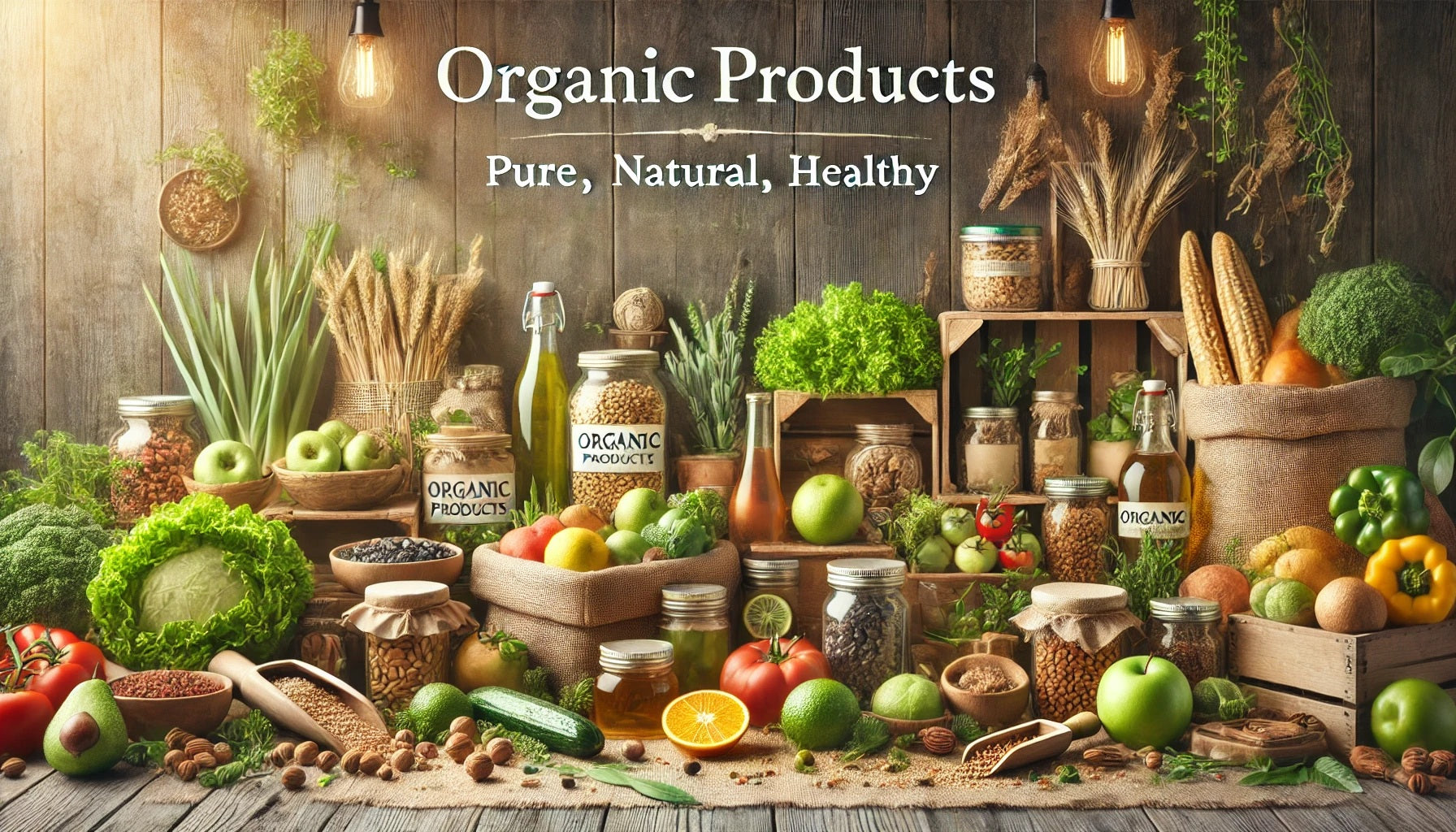 A fresh and eco-friendly banner for an Organic Products eCommerce website. The image features a vibrant display of organic food items, including fresh
