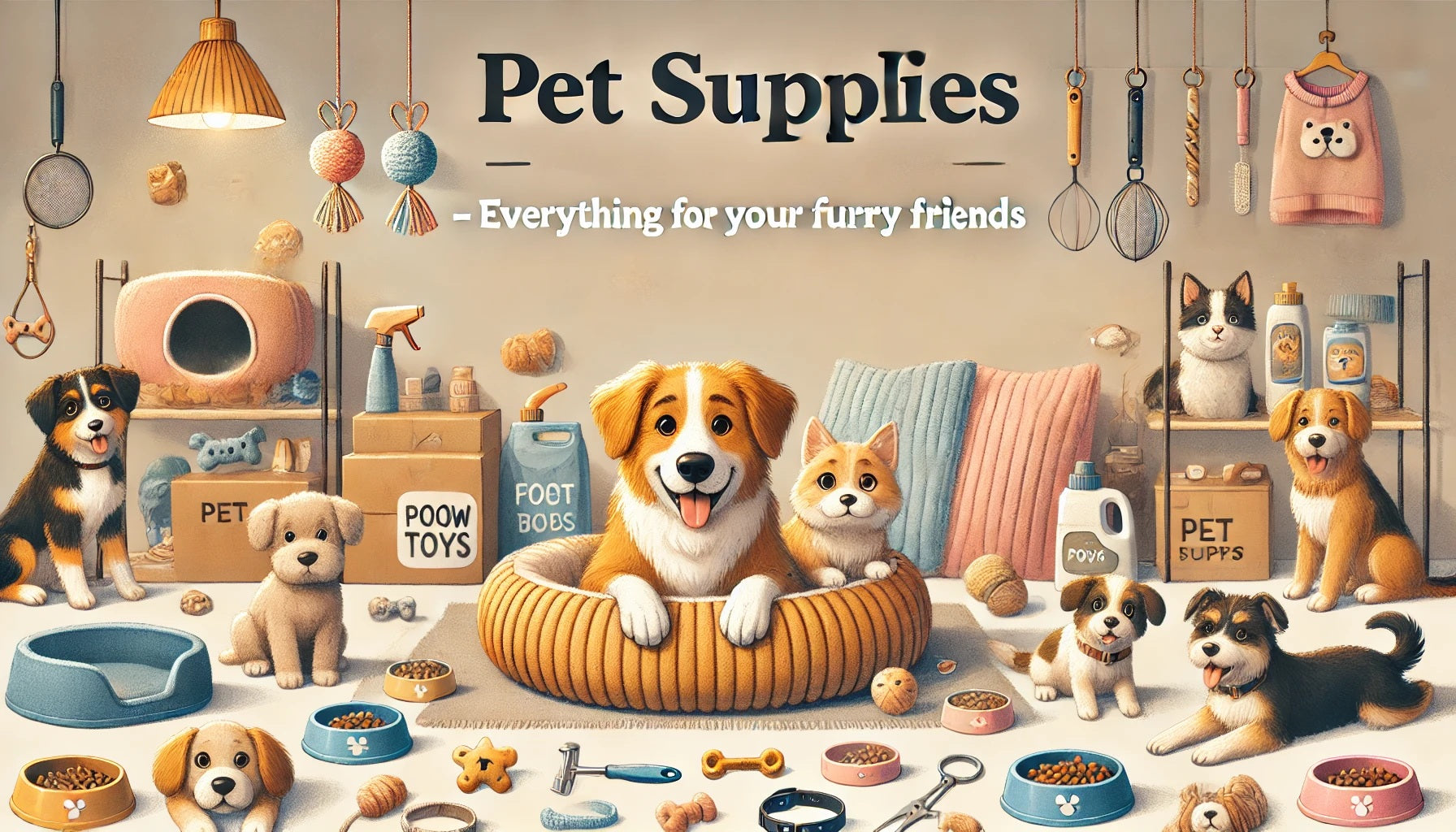 A warm and inviting banner for a Pet Supplies eCommerce page. The image features a playful and cozy setting with a variety of pet products, including pet toys and accessories. 