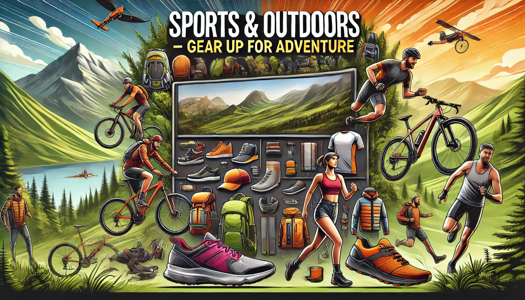 A dynamic and energetic banner for a Sports & Outdoors eCommerce page. The image showcases a variety of sports and outdoor gear, including running shoes.