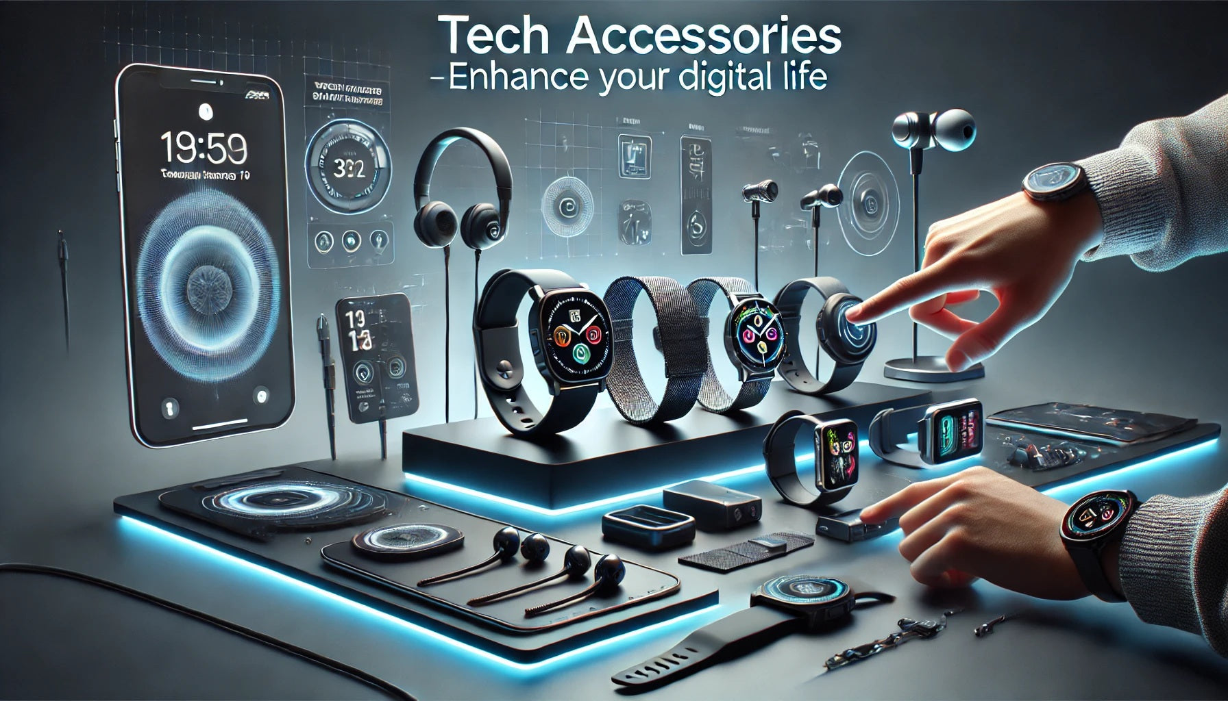 A sleek and modern banner for a Tech Accessories eCommerce page. The image showcases a premium selection of high-quality tech accessories, including smart watches and smartphones.