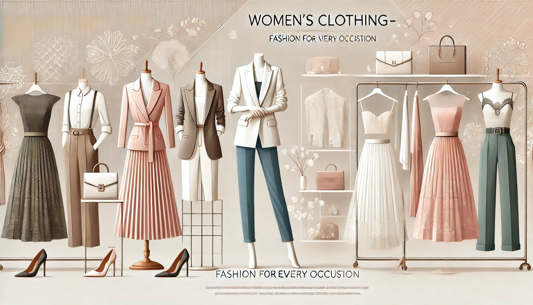 A chic and stylish banner for a Women's Clothing eCommerce page. The image features a fashionable display of women's apparel, including elegant dresses.
