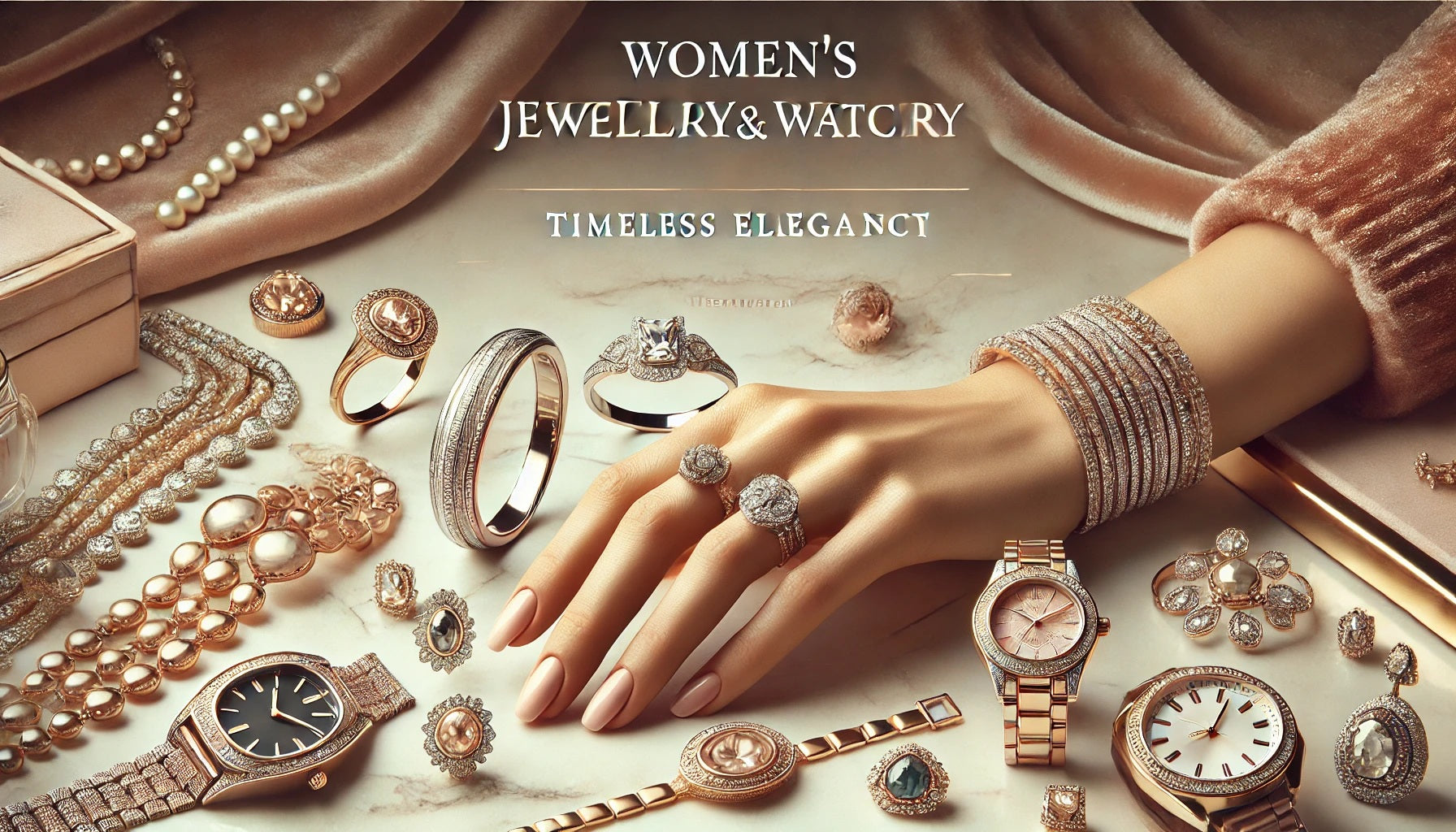 A glamorous and elegant banner for a Women's Jewellery & Watches eCommerce page. The image features a luxurious display of high-end women's accessories