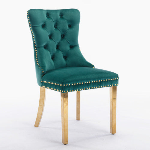 Teal velvet chair with gold nailhead trim on a white background