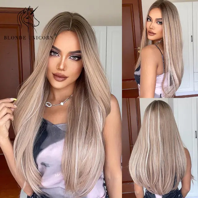 Long wavy blonde wig with darker roots and full fringe, shown on a model from front and back views, featuring soft layers, natural volume, and a smooth blended finish.