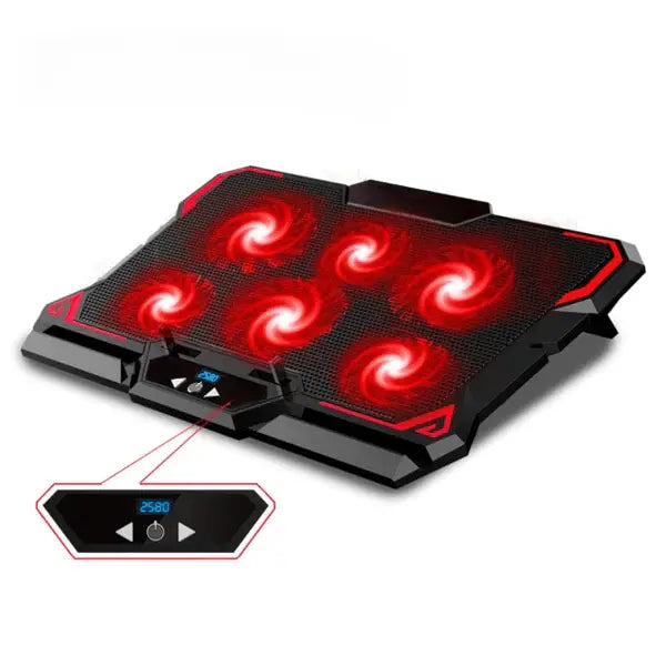 A black laptop cooling pad with six red LED-lit fans and a digital control panel displaying 2580 RPM.