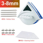 A set of cleaning tools for windows or glass surfaces, consisting of a triangular scraper with a handle, four rubber strips, eight fixed buckles, and twenty-six cleaning cotton pieces, all neatly arranged in the image.