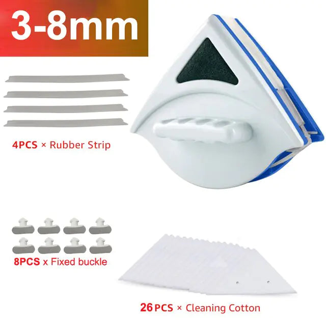 A set of cleaning tools for windows or glass surfaces, consisting of a triangular scraper with a handle, four rubber strips, eight fixed buckles, and twenty-six cleaning cotton pieces, all neatly arranged in the image.