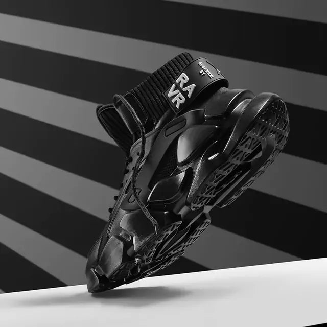 Black futuristic high-top trainer with a ribbed sock collar, lace-up front, and chunky sculpted sole