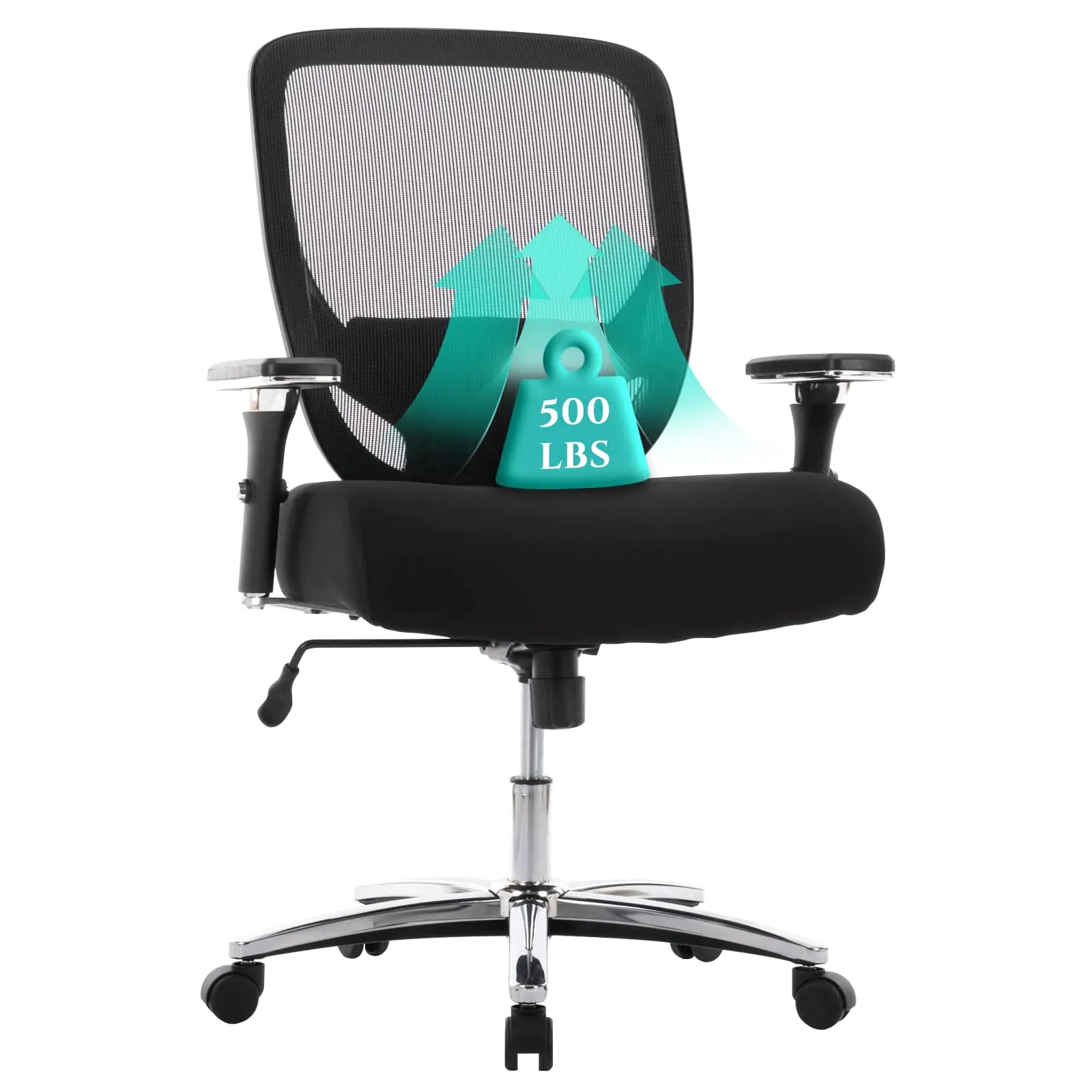 Black office chair with a weight capacity indicator on a white background