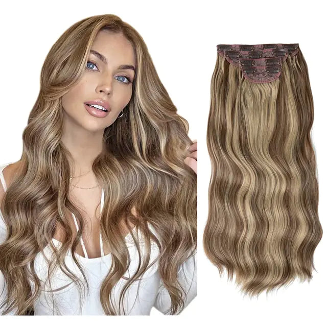 Split image showing a woman with long, wavy balayage hair in warm blonde and light brown tones on the left, and a matching wavy hair extension weft displayed on the right against a white background.