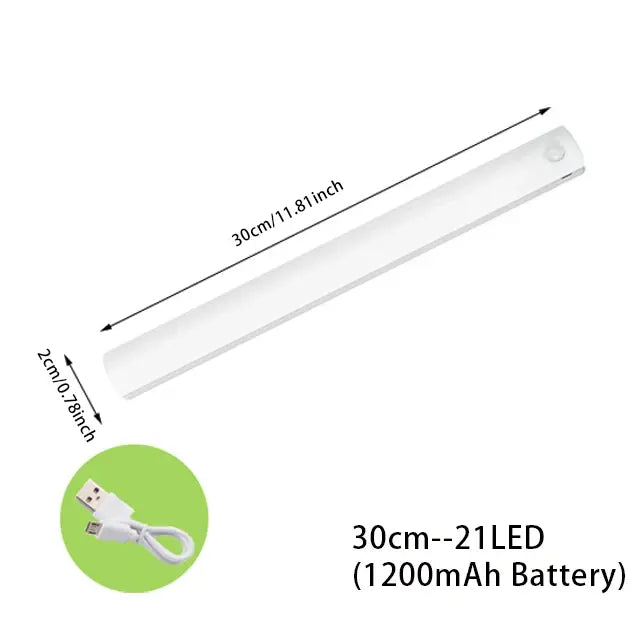 White LED light bar with USB charging cable, 30 cm long and 2 cm wide, with dimensions and battery info.