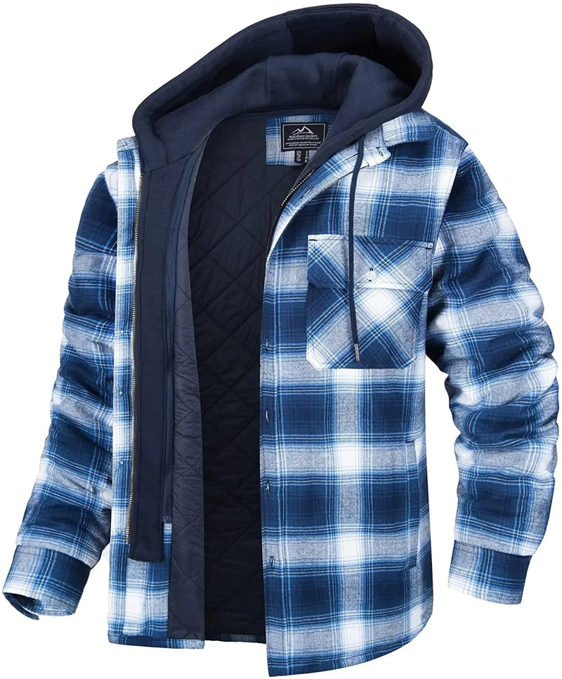 A men's blue and black plaid flannel jacket with a quilted inner lining and an attached black hood. The jacket features a button-up front with snap closures, a zippered interior, and a single chest pocket with a buttoned flap. The thick, insulated design makes it suitable for cold weather.