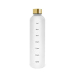 White water bottle with a gold cap, featuring time markers (8am, 9am, 10am, 11am, 12pm) on the side to track daily hydration, and labeled "Full" at the top and "Refill" at the bottom.