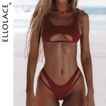 A model stands on a beach wearing a rust-brown two-piece bikini with a scoop-neck top featuring a front cutout and high-cut bottoms with double side straps; “ELLOACE” branding appears along the left edge.