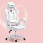 White office chair with 'EAST SEAT' branding on a pink background