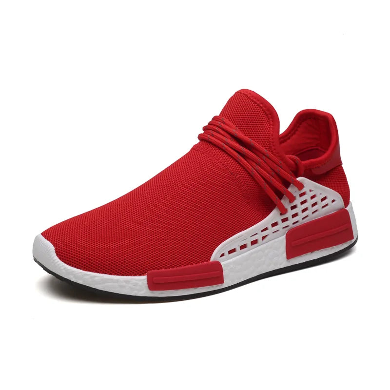 Red slip-on knit trainer with red laces and white side cage accents.