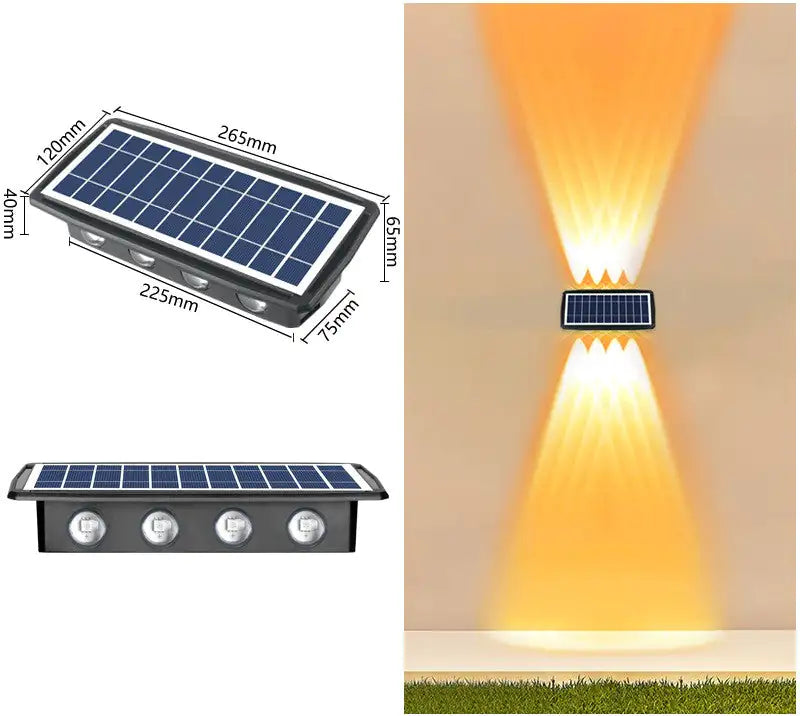 Solar-powered outdoor wall light shown in a product collage: a rectangular solar panel lamp with four LED lenses (dimensions labeled) and an example of the light installed on a wall casting wide up-and-down warm beams.