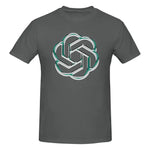 A dark gray short-sleeve T-shirt featuring a large stylized ChatGPT-inspired knot logo centered on the chest. The logo has a metallic silver look with teal outlining, creating a glossy three-dimensional effect against the plain background.