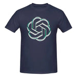 Navy short-sleeve T-shirt with a large stylised logo printed on the front.