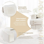 Infographic highlighting comfort features of a cream accent chair, including a removable back pillow, a 3.93-inch thick padded seat cushion, and wide ergonomic armrests, with close-up circular detail shots of each feature on a soft neutral background.