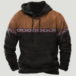 Two-tone pullover hoodie with a brown upper section and black lower section, featuring a horizontal geometric patterned stripe across the chest and sleeves, with a drawstring hood and front kangaroo pocket.
