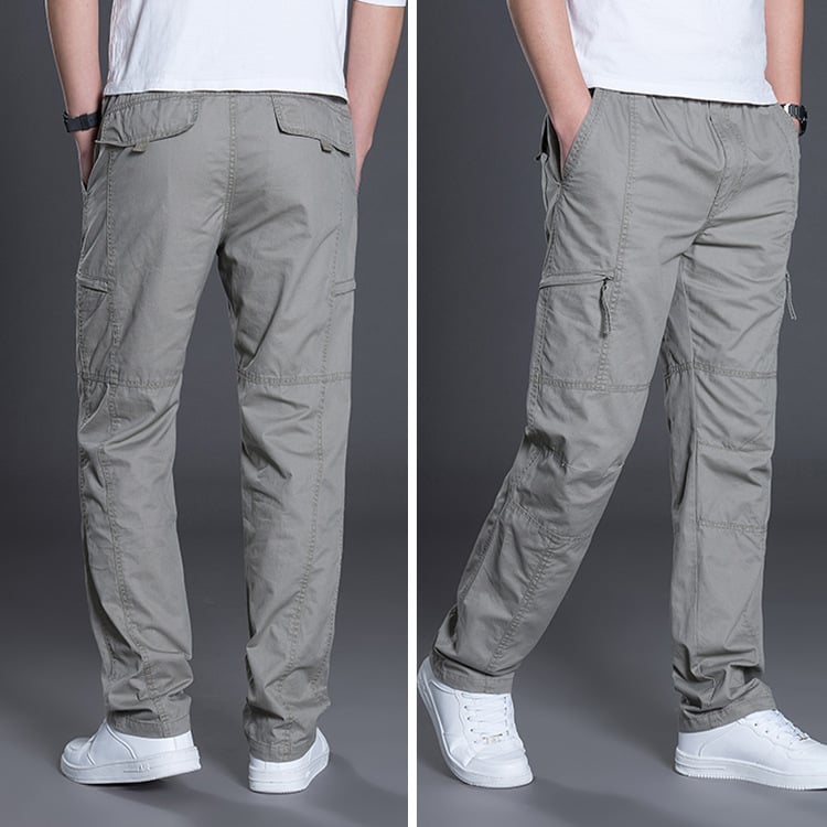 Gray cargo pants shown from front and back on a gray background