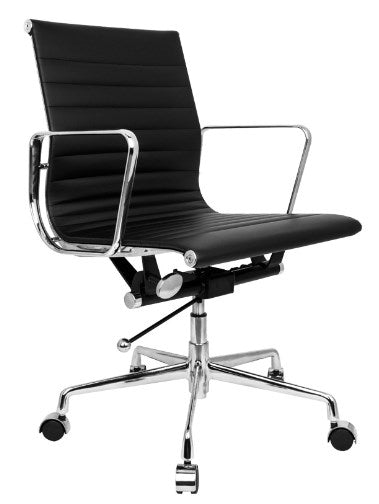 Black office chair with chrome frame on a white background