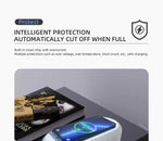 Promotional graphic for a charging device stating “Intelligent protection, automatically cut off when full,” with a shield icon and small text about overcurrent/overvoltage/overtemperature protection, plus an image of a phone charging on a tabletop.