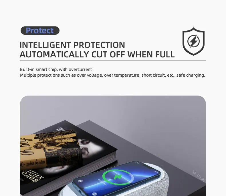 Promotional graphic for a charging device stating “Intelligent protection, automatically cut off when full,” with a shield icon and small text about overcurrent/overvoltage/overtemperature protection, plus an image of a phone charging on a tabletop.