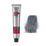 Silver tube of hair color cream labeled “LEBASI Excellence Hair colorant” (92 g), shown beside an example photo of wavy hair dyed a smoky gray color.