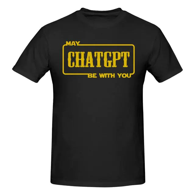A black graphic T-shirt with a humorous AI-themed print. The design features the word “Me” in gold beside a vertical stack of repeated “ChatGPT” text in white and gold. Two gold speech bubbles overlay the text, reading “ARE YOU A ROBOT?” and “WHAT GIVES?!?” The shirt is shown against a plain light background.