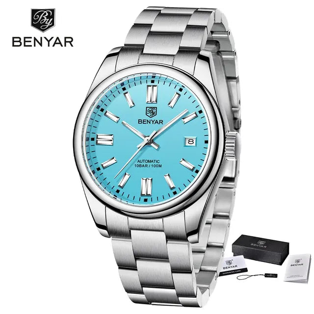 Stainless steel watch with a vibrant blue dial and sleek metal bracelet