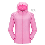 Pink lightweight hooded zip-up jacket shown front-facing on a white background, with the word “ORANGE” beside it.