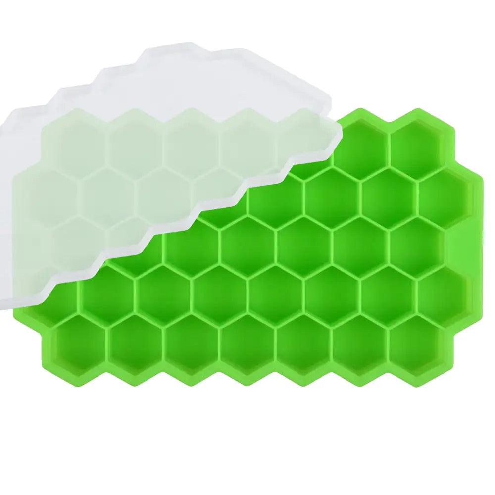 Green silicone honeycomb-shaped ice cube tray with hexagonal compartments, shown with a matching translucent lid partially covering the tray.