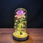 A decorative rose enclosed in a glass dome, with soft LED lights wrapped around the stem. The rose has a pink and white color, and the setup is placed on a wooden base.