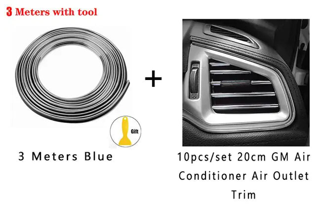 Product graphic showing a coiled trim strip labeled “3 Meters with tool” (with a small yellow “Gift” tool) plus an image of a car air vent, advertising a set of air conditioner outlet trim pieces.