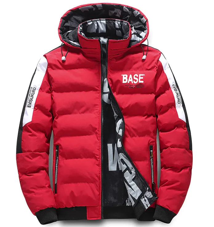 A stylish puffer jacket with a hood, featuring the word "BASE" printed on the chest. The jacket has a black and white patterned inner lining, zippered pockets, and white stripe details with text on the sleeves. The hood includes drawstrings for adjustment.